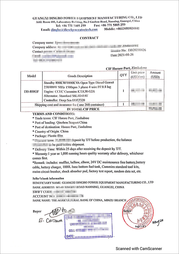 一臺(tái)800kw重慶康明斯柴油發(fā)電機(jī)組成功出口津巴布韋